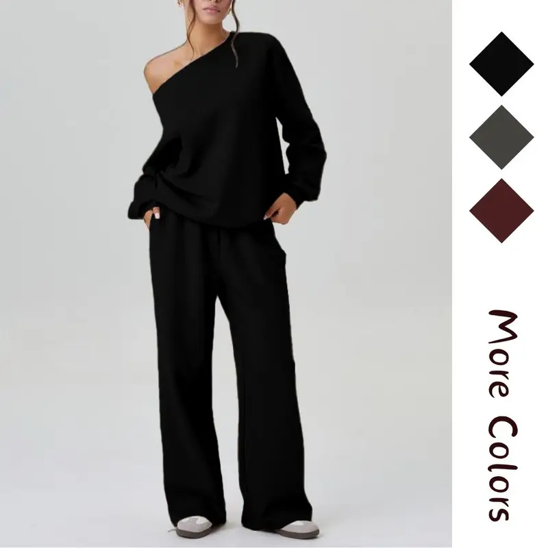 Women's Leisure Solid Color Sloping Shoulder Long Sleeve Top & Wide Leg Trousers Co-ord Set - Asymmetrical Neck, Fitted, Basic Womenswear, All Seasons Casual Outfit