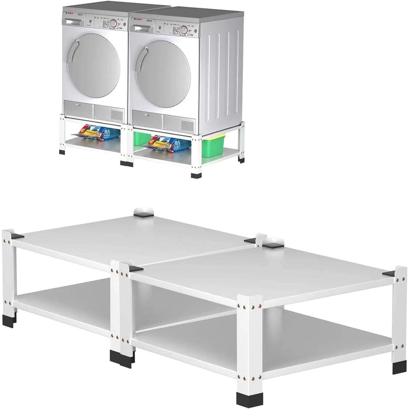 Heavy Duty Steel Washer and Dryer Pedestal - 2 Pack Adjustable Anti-Slip Laundry Riser with Storage Shelf, Multi-Functional Base Laundry Room Organizer Platform, Universal Fit for Most Machines, 800 lbs Capacity, Rectangle, 14-Inch Height, Anti-Slip Rubbe