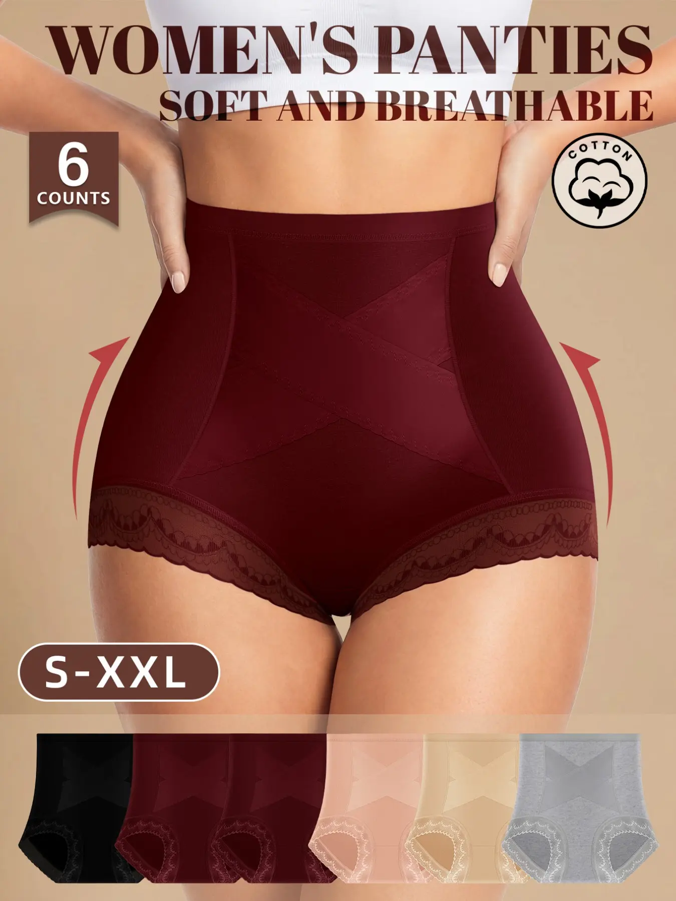 【Soft Cotton】Morelect  High-Waisted Women's Underwear, 6-Pack Cross-Lace Belly Control Panties, Breathable, Comfortable and Fit, Sizes S-Xxl