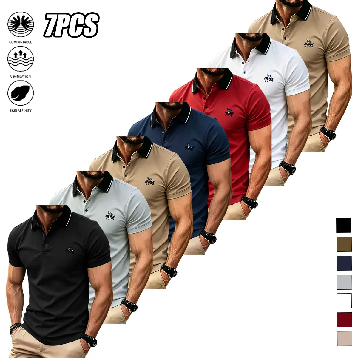 7-piece set of men’s casual athletic polo shirts with color-block design and turn-down collar, short sleeves; stylish printed patterns, quick-dry fabric that is comfortable and breathable, versatile fit suitable for polo, tennis training, and going out on