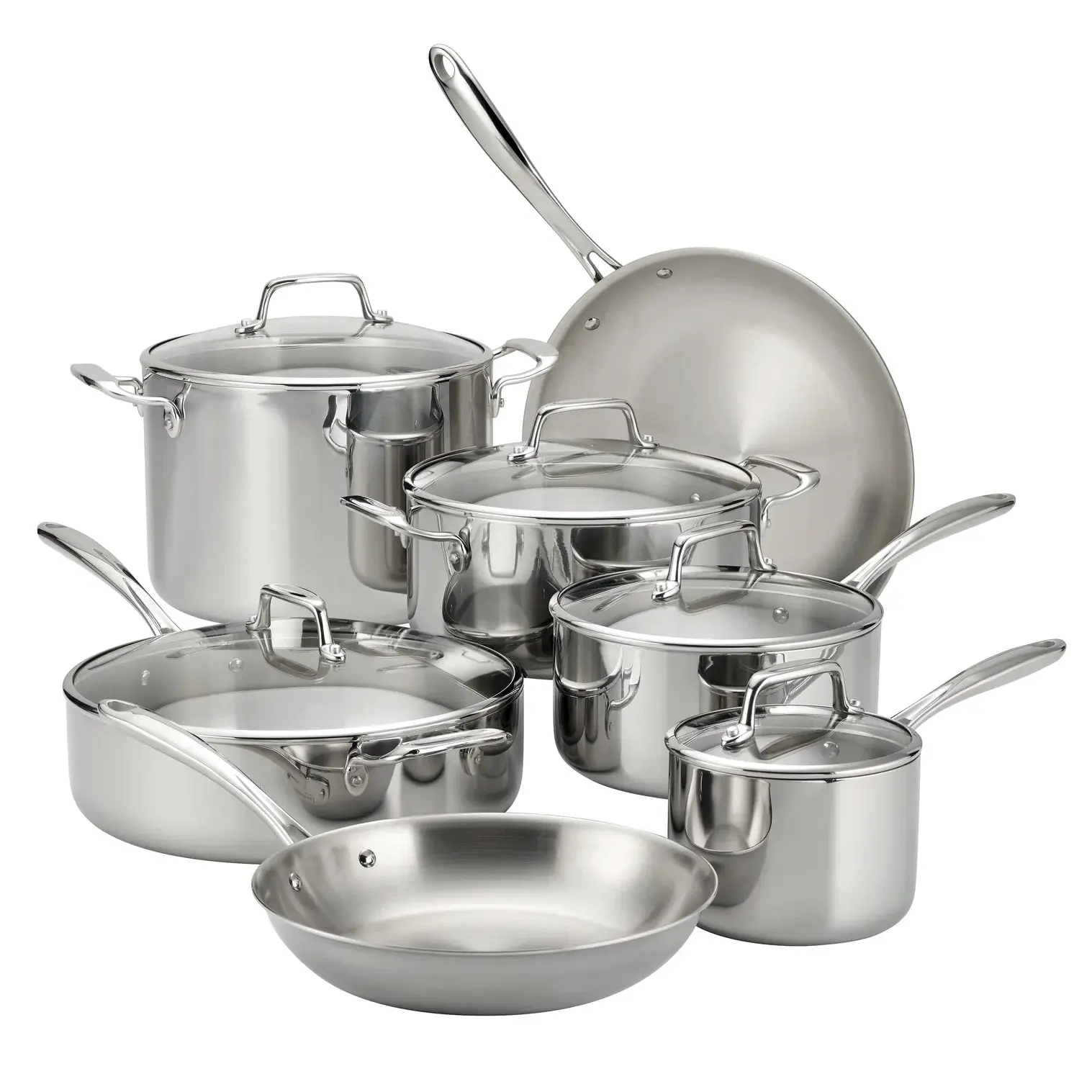 Tramontina Signature 12-Piece Multi-Size Tri-Ply Clad Durable Steel Cookware Set - Kitchen Pots, Fry Pan, Handles, Tempered Glass Lids, Induction-Compatible, Oven-Safe, 12-Pieces