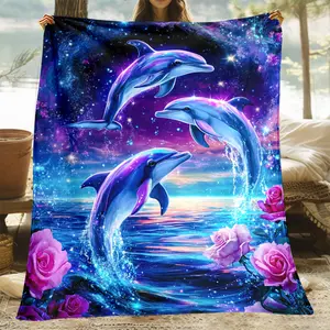 1Pc Cartoon Dreamy Dolphin HD Printed Lightweight Flannel Throw Blanket - Adult Gift For Family Or Friends - Polyester Knitted All-Season Sofa, Office, Bed, Travel, Camping, Car Comfort With Unique Print Design - Mixed Color, Knitting, Digital Printing, F