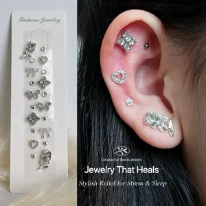 Lulupop Ear Seeds Jewelry Non-Piercing Magnetic Ear Seeds Crystal Stud Earrings Silver Butterfly Bow Flower Heart Clover Diamond Auricular Point Stickers Acupressure Relaxation Sleep Stress Relief