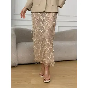 Fashion Sexy Half-Transparent Mesh Fringe Sequins Women's Split Midi Skirt, High Waist Fitted Design, All Seasons Wear