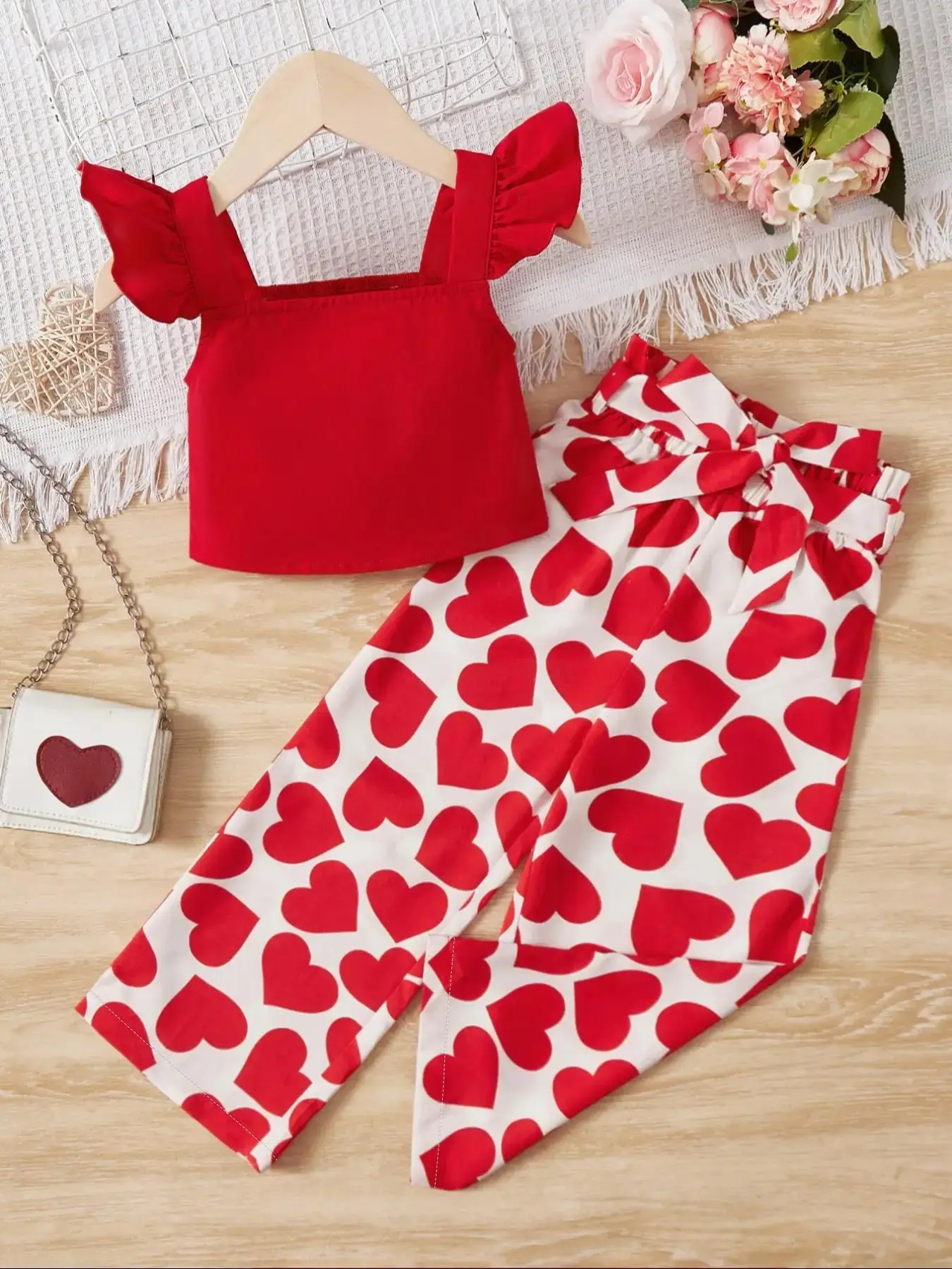 Toddler Girl's Plain Butterfly Sleeve Shirred Back Crop Blouse & Heart Print Paper Bag Waist Pants Set, Elegant Casual Cap Sleeve Top & Belted Trouser