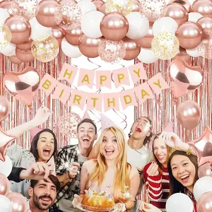 Chic Birthday Balloon Decoration Kit Blue Silver & Rose Gold Includes Foil Curtain Heart Confetti Balloons Perfect for Surprise Parties Summer Gatherings Baby Showers