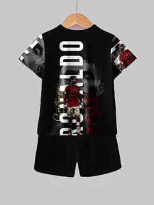 Trendy Base Colorful Anime Set! Character Print Short Sleeve + Shorts, Round Neck Set, Cool and Eye-Catching for Kids, Casual Style