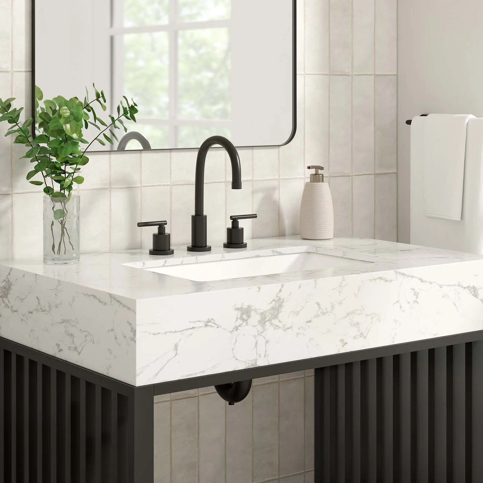 Modway Gridiron 36" Bathroom Vanity in White Black, Storage, Countertop, Foot Pads