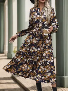 Women's All Over Ditsy Floral Print Frill Trim Ruffle Hem Button Front Dress, Elegant Bishop Sleeve Notched Neck Midi Dress for Fall & Winter, Women's Clothes for Daily Wear