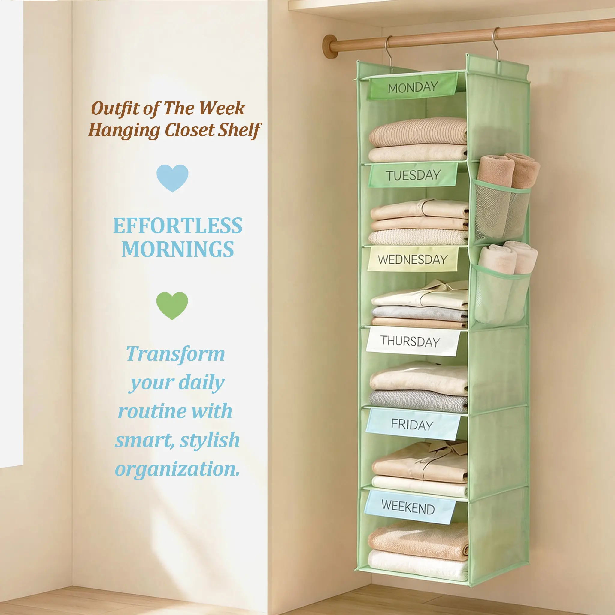 6-Shelf Hanging Closet Organizer, Weekly Clothes Organizers with 2 Side Pockets, Daily Kids Closet Organizers and Storage