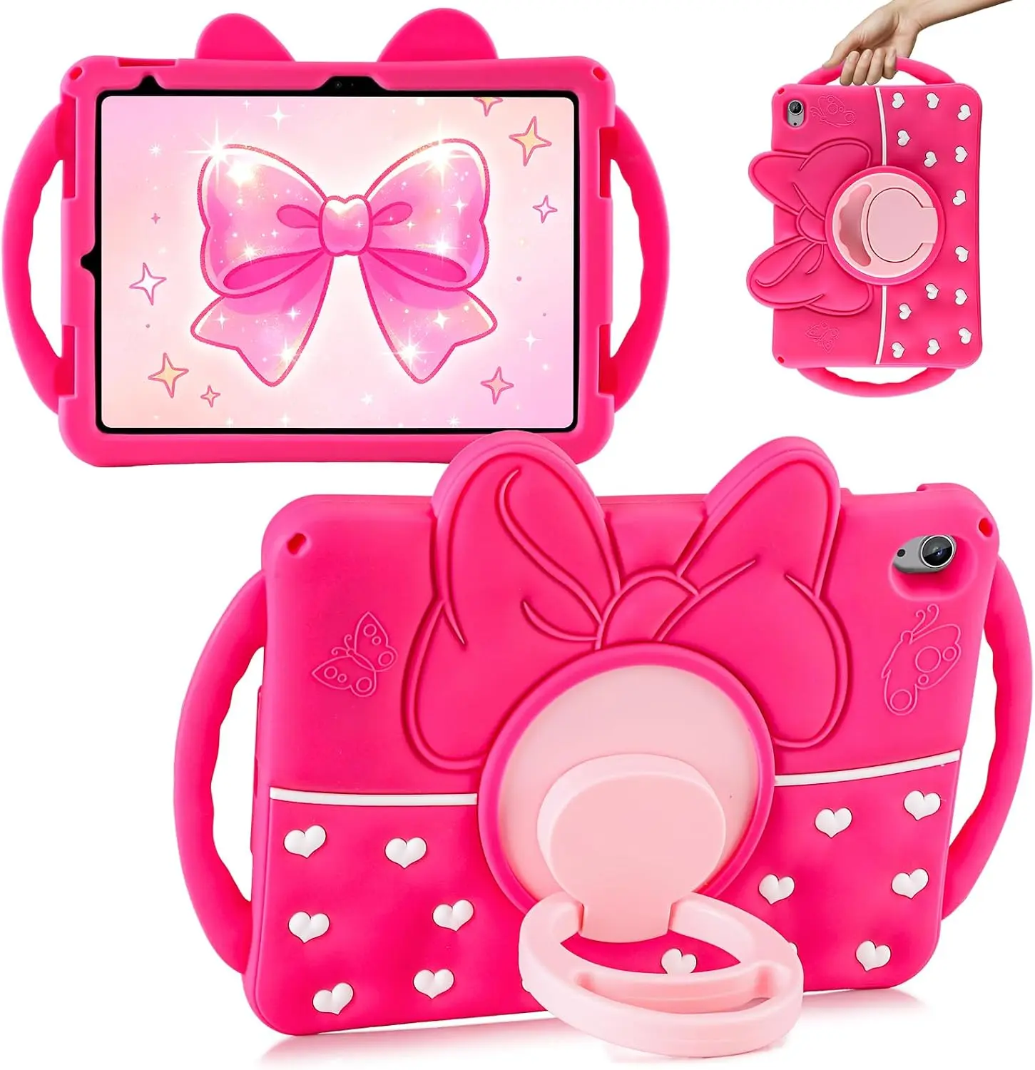 iPad A16 Case/iPad 10th Generation Case Kids Girls 11/10.9Inch | 2025/2022 iPad 11th Generation Case with 360° Rotating Stand Handle Cute Bow Heart Silicone Cover for iPad 11th/10th Gen Rose