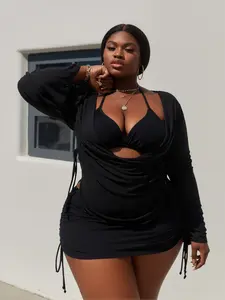XJN Plus Size Black 3-Piece Nylon Underwired Beach Swimsuit Set, Flare-Sleeve Mesh Cover-Up, Wrap Bikini, High-Waist Ruched Bathing Suit for Curvy Women (XL-4XL),summervibes