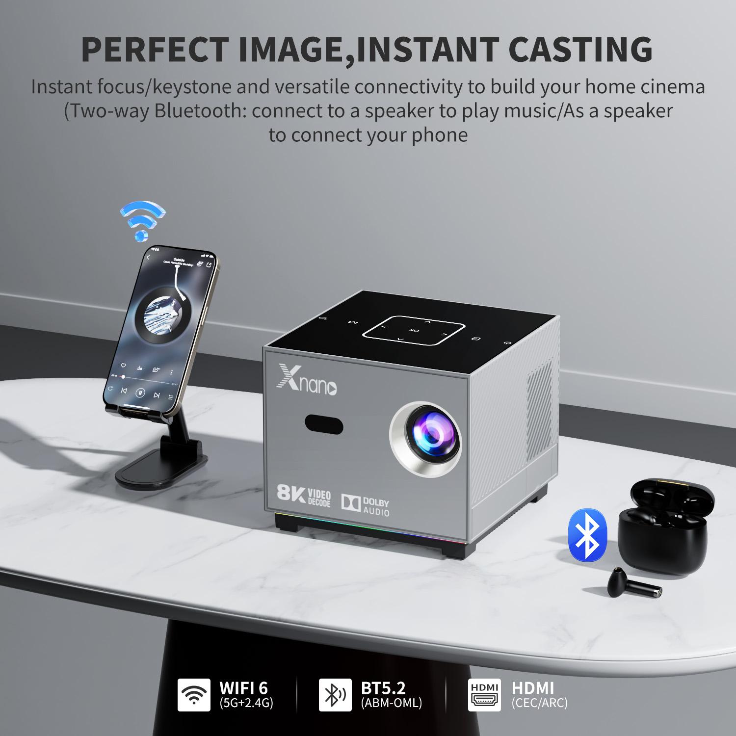 X3 Portable Projector, supports Android 8K decoding, Bluetooth 5.0, Wi‑Fi, 1080p Full HD, short‑throw LCD projector, suitable for home theater, gaming, and movies — compatible with smartphones/tablets/laptops; mini portable projector, portable projector