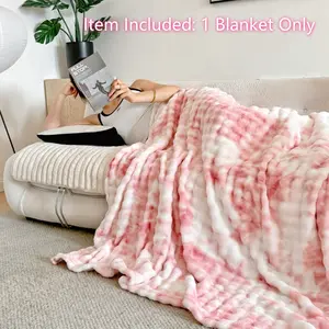 Faux Rabbit Fur Blanket, Throw Blanket for Couch, Soft Warm Throw, Fluffy Soft Cozy Blanket with Stretch Ruched Design, Ultra Soft Giftable Home Decor, Tie-Dyed in Pink