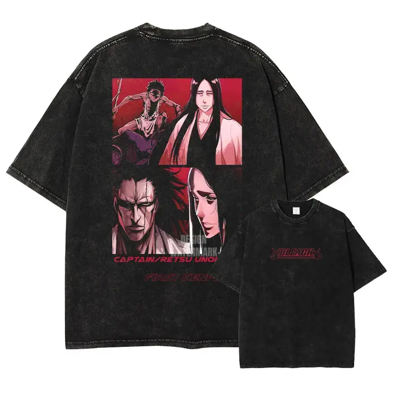 Anime B-Bleach T Shirts Vintage Washed Zaraki Kenpachi T-shirt Oversize Short Sleeve Ichigo Tshirt Uryuu Renji Tops Tees Man