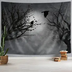 Fog Forest Tapestry Gothic, Birds at Branches On Creepy Jungle at Deep in Dark Forest Tapestry Wall Hanging, Halloween Tapestry Blanket Wall Decor for Bedroom Living Room Dorm, 90X70IN