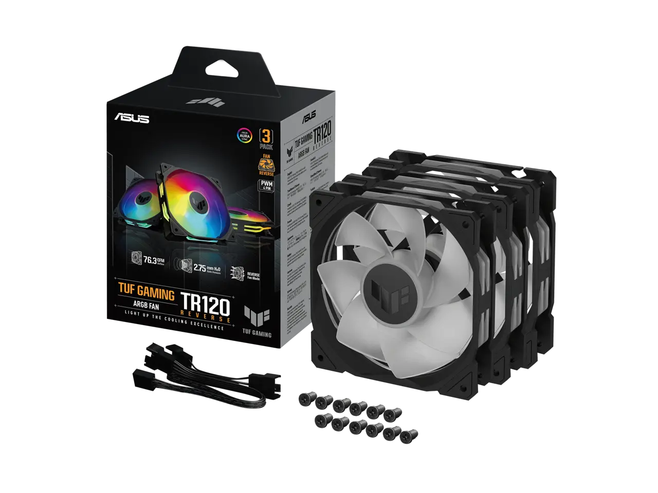 ASUS TUF Gaming TR120 ARGB Reverse Fan - Black - Triple Pack Higher Cooling Performance Extra-thick 28mm Fan Frame, Exclusive Double-Layered LED Matrix Design with 16 Addressable RGB LEDs, Aura Sync