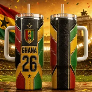Ghana Football Tumbler 40oz With Handle, Ghana Soccer Fan Gift, Black Star Travel Mug, Ghana Team Inspired Cup