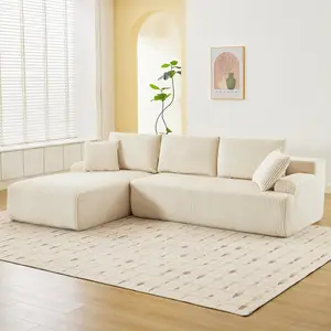 【Christmas Gift】Beige-Left 106 in. Beige Corduroy Sectional Sofa with L-Shape Chaise and Deep Seat