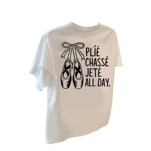 Short-sleeved, round-neck t-shirt with ballet shoe and ballet terms print, casual top for summer and spring, women's clothing.