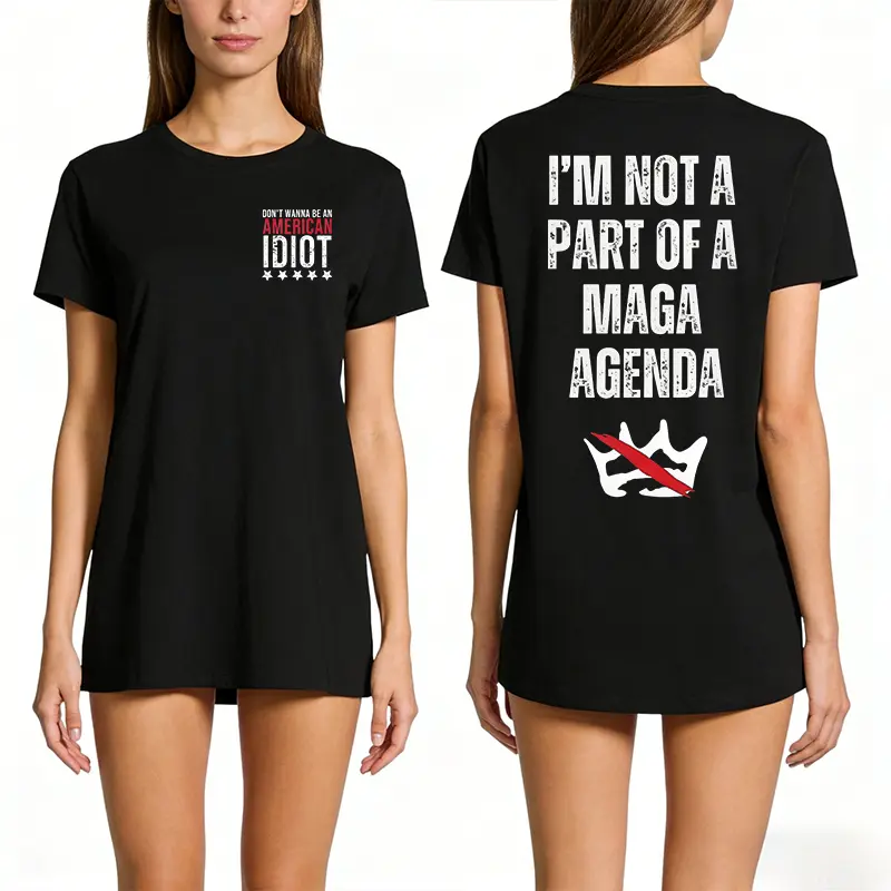 Women's Cotton Knit T-Shirt - Casual, Short-Sleeve, Round-Neck, Elastic Loose Ribbed Solid Seamless Smooth Fabric, "Don't Wanna Be An American Idiot" Graphic with Anti-MAGA, Resist, No Kings Messaging (Great Fit)