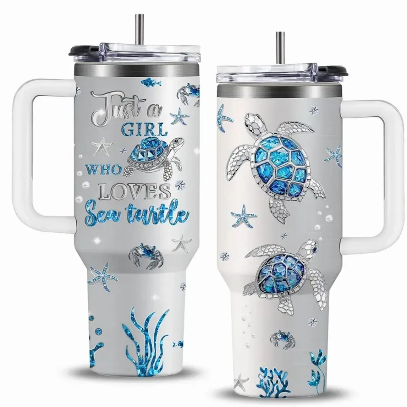 40oz Stainless Steel Insulated Vacuum Flask Tumbler - Sea Turtle & Marine Life Beach Coffee Drinkware with Straw, Handle, Ideal Women's Gift for Birthday, Christmas