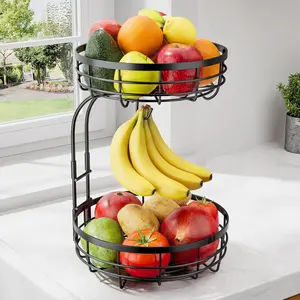 2 Tier Countertop Fruit & Vegetable Basket Bowl Organizer with Banana Hooks, Space Saving Multifunctional Kitchen Rack, Fruit, Vegetable, Bread, Snack Storage Decorative Hanging Shelf, Hangable Room Tree Hanging Metal Rack Decoration Hanger