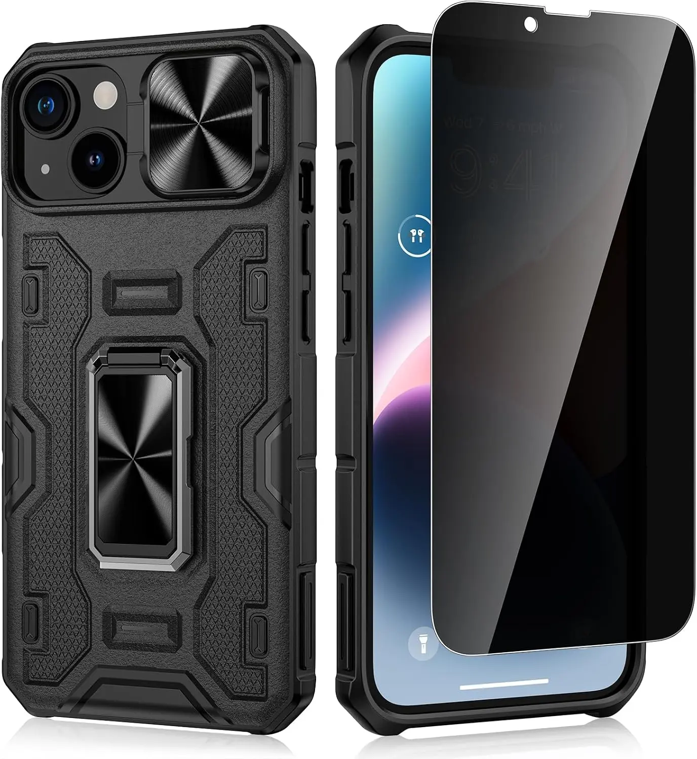 AnyMoon Privacy Phone Case for iPhone 13/14, 6.1 in, with Slide Camera Cover, Upgrade 360° Kickstand, Military Grade Shockproof Magnetic Protective Cover
