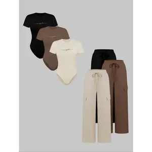 6-Piece Women's Knit Letter Print Jumpsuit Set, Stylish Casual Fitted Tee and Drawstring Adjustable Long Pants, Ideal for Everyday Wear