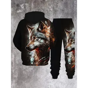 Men's Wolf Print Hoodie & Joggers Set - Casual Streetwear, Polyester Blend, Machine Washable - Perfect for Spring/Fall