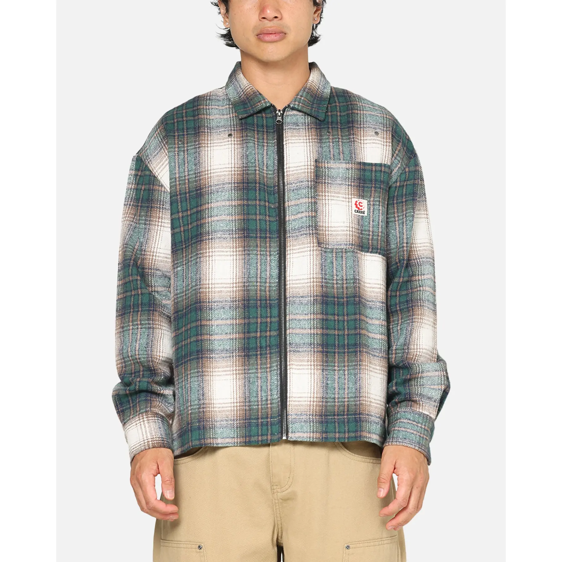 Carre Ombre Zip Up Long Sleeve Shirt Green Plaid