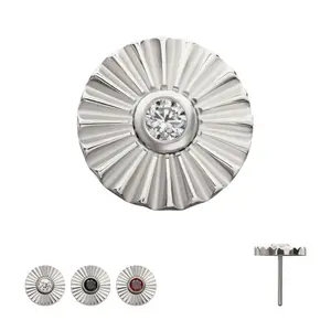 Titanium Threadless Radiant Corrugated Round with Bezel Gem Flatback Stud Earring