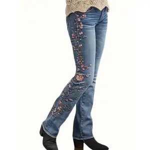 SS-H Retro High Waisted Jeans with a Slight Stretch And Slim Fit, Floral Embroidery Flared Jeans, Retro Style, Elegant Pants Womenswear Bottom Casual Trouser Denim Cotton Fabric