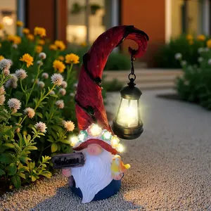 Outdoor Indoor LED Lights Gnome Statue with Lantern Solar Powered Resin Figurine for Patio Porch Garden Decoration IP44 Waterproof Garden Sculptures Housewarming Halloween Thanksgiving Day Christmas Holiday Family Gifts Mom Grandma