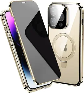 For iPhone 17 16 15 14 13 Pro Max Anti-Peeping Privacy Screen Metal Bumper Magnetic Case Full Body Protection Cover Magsafe Ring