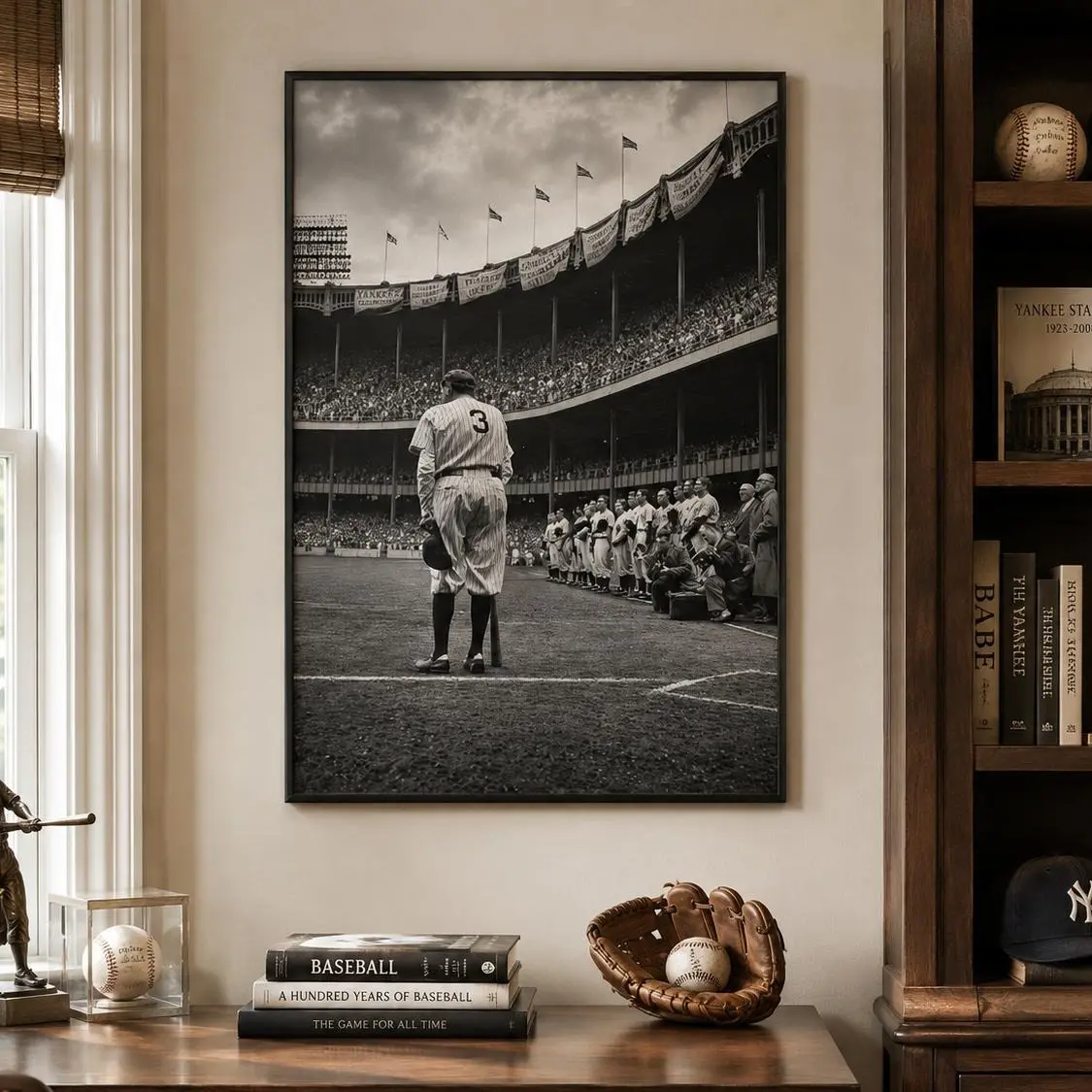 Babe Ruth Vintage Baseball Poster，Black White Retro Yankees Wall Art，Classic Sports Photo Print for Man Cave Bedroom Sports Fan Decor