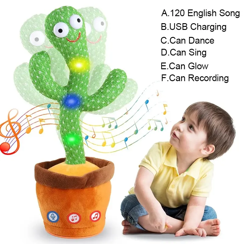 **USB Charging Musical Light Up Dancing Cactus Plush Toy** - Unisex Young Learners' Novelty Toy with 1-Click Record & Replay, 120 Songs, Swaying Dance, Volume Control, Colorful Lighting, Repeating & Imitating, Learning Fun, Active Participati