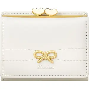 Small Bow Wallet for Women with RFID Blocking - Tri-fold PU Leather Card Holder,  Pocket & Heart ID Window, Cute Aesthetic Purse for Girls Teens (Bow White)