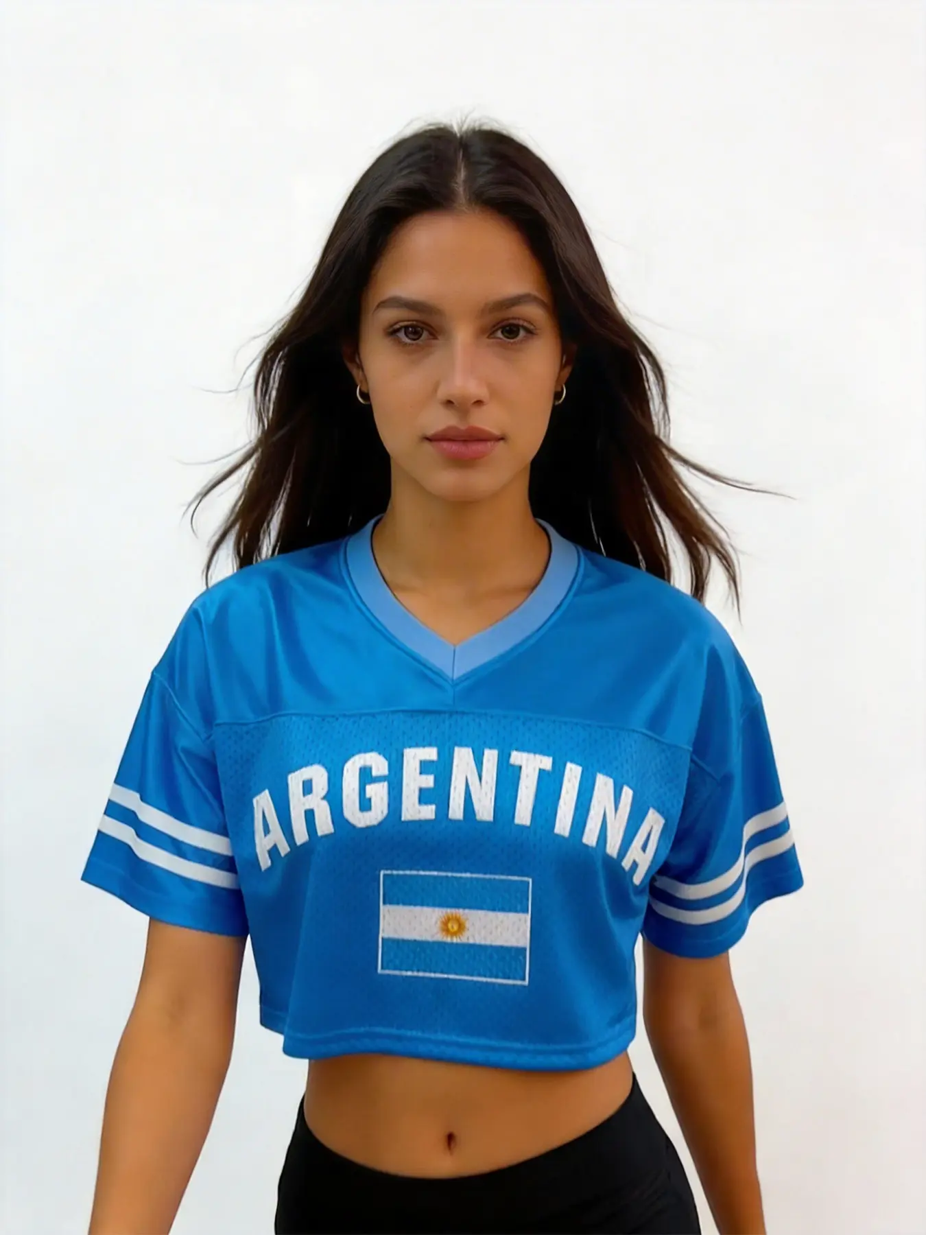 Women's Argentina Cropped Football Jersey, Short Sleeve Jersey, Blue V-Neck Mesh Crop Top, Casual Sports Top, Argentine National Team Soccer Fan Shirt for Game Day & Streetwear, Soccer Fan Shirt, Sport Jersey
