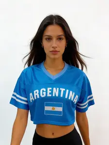 Women's Argentina Cropped Football Jersey, Blue V-Neck Mesh Crop Top, Argentine National Team Soccer Fan Shirt for Game Day & Streetwear, Soccer Fan Shirt