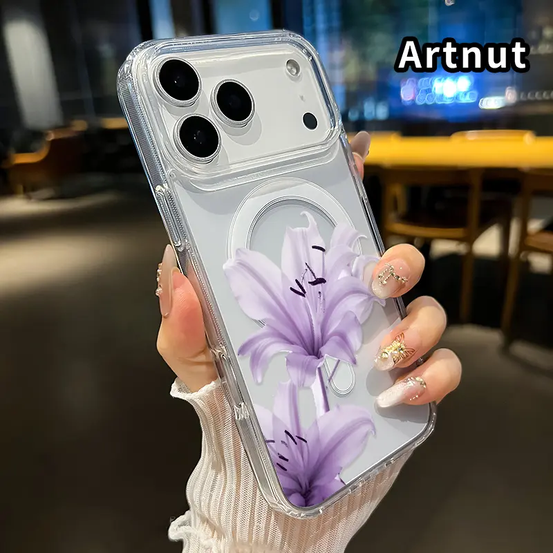 Magnetic Transparent Wireless Cellphone Cover for iPhone 17 Pro Max/16 Plus/15/14/13/12/11/Air E - Lavender Lily Grace Pattern, Acrylic Back, Soft Silicone Edge, Anti-Fingerprint Hard Casing, Teen Gift