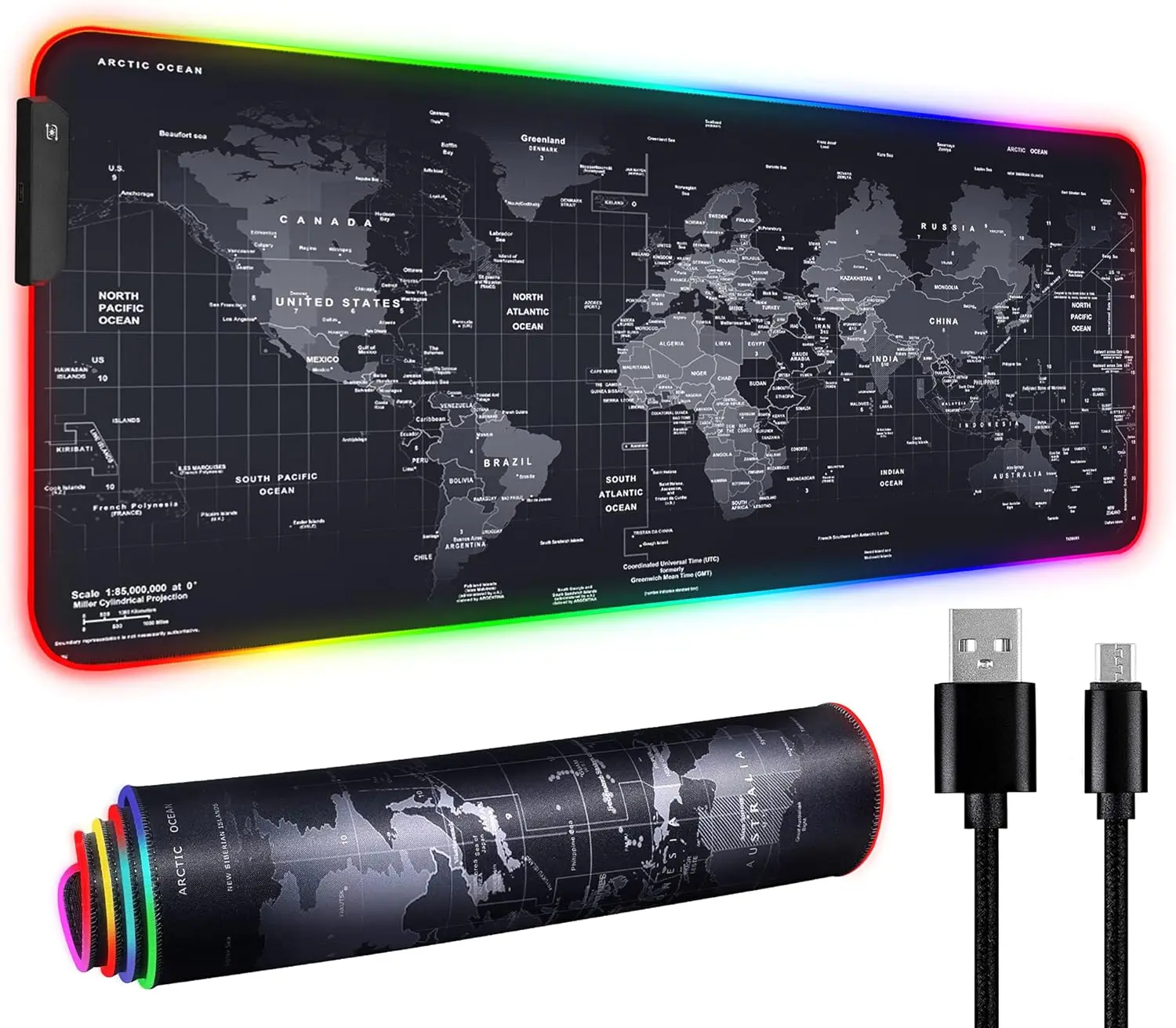 RGB Gaming Mouse Pad 31.5" x 12" – Large Extended LED Mouse Pad with 11 Lighting Modes, World Map Desk Mat, Waterproof Surface, Non-Slip Rubber Base for Gaming & Holiday Gifts