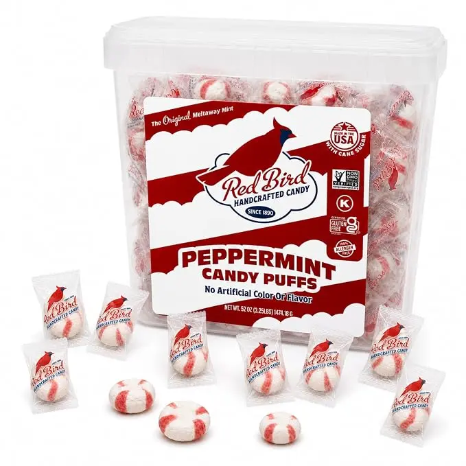Red Bird Soft Peppermint Puffs Candy, Individually Wrapped Soft Mints, 52 oz Tub | Top 9 Allergen Free