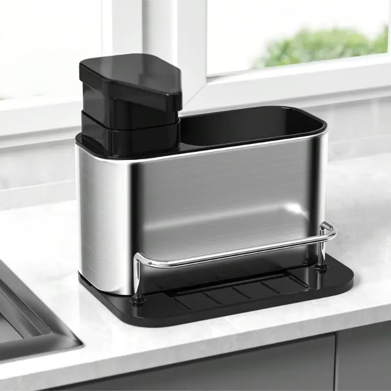 3-in-1 Compact Stainless Steel Sink Organizer Rack, Home Supplies Sink Accessories with Countertop Compatibility - Rustproof Drain Rack with Built-in Dish Soap Dispenser, Sponge Holder, Brush Holder, Non-Slip Belt (19x18x13cm)