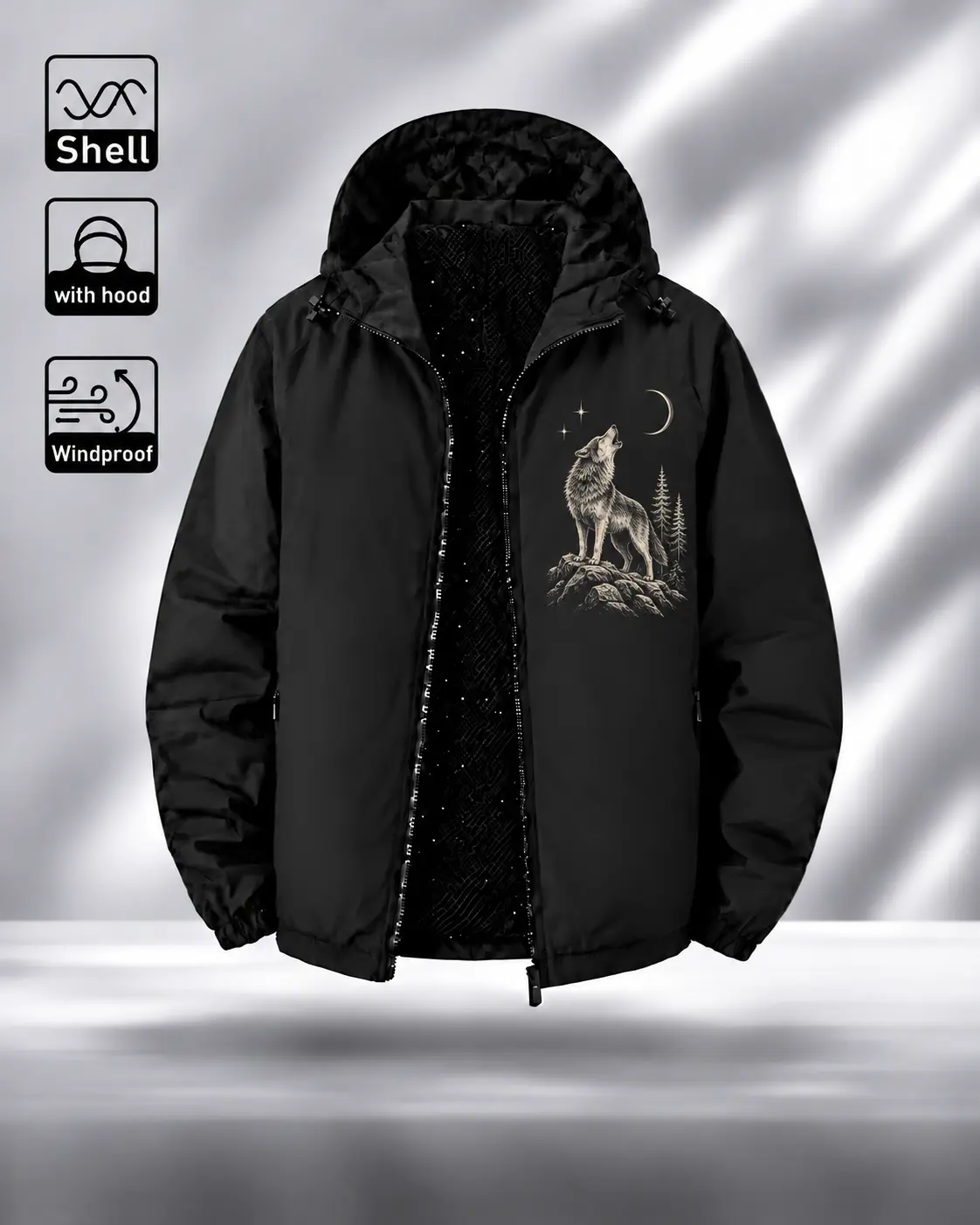 Wolf Moon Graphic Windbreaker Jacket, Hooded Zip-Up Shell with Howling Wolf on Rock Chest Print, Wildlife Casual Style