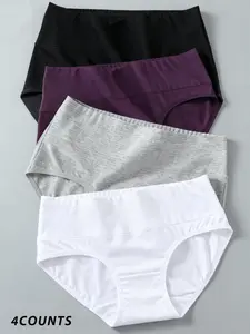 Women's High-Waisted Sporty Underwear, 4-Pack Plain Color Triangle Panties, Comfortable Daily Wear for Women, Casual & Sports Use