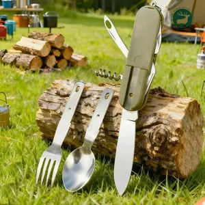 Multifunctional Tableware, Portable Stainless Steel Rope Knife Card, Outdoor Survival Camping Accessories, All-In-One Tool with Saw
