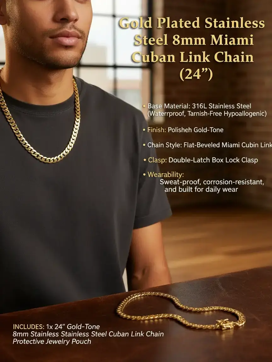 Unisex Gold Tone Stainless Steel 8mm Flat-Beveled 1-Piece Miami Cuban Link Necklace, 24 in, for Daily Wear