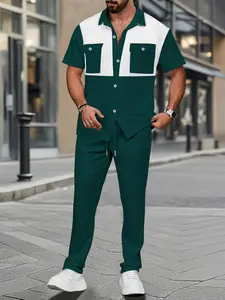 Men's Spring Summer Set, Two-Piece Collared Waffle Texture Muscle Show Design with Pockets, Elastic Long Pants & Drawstring Waist, Casual Wear for Running