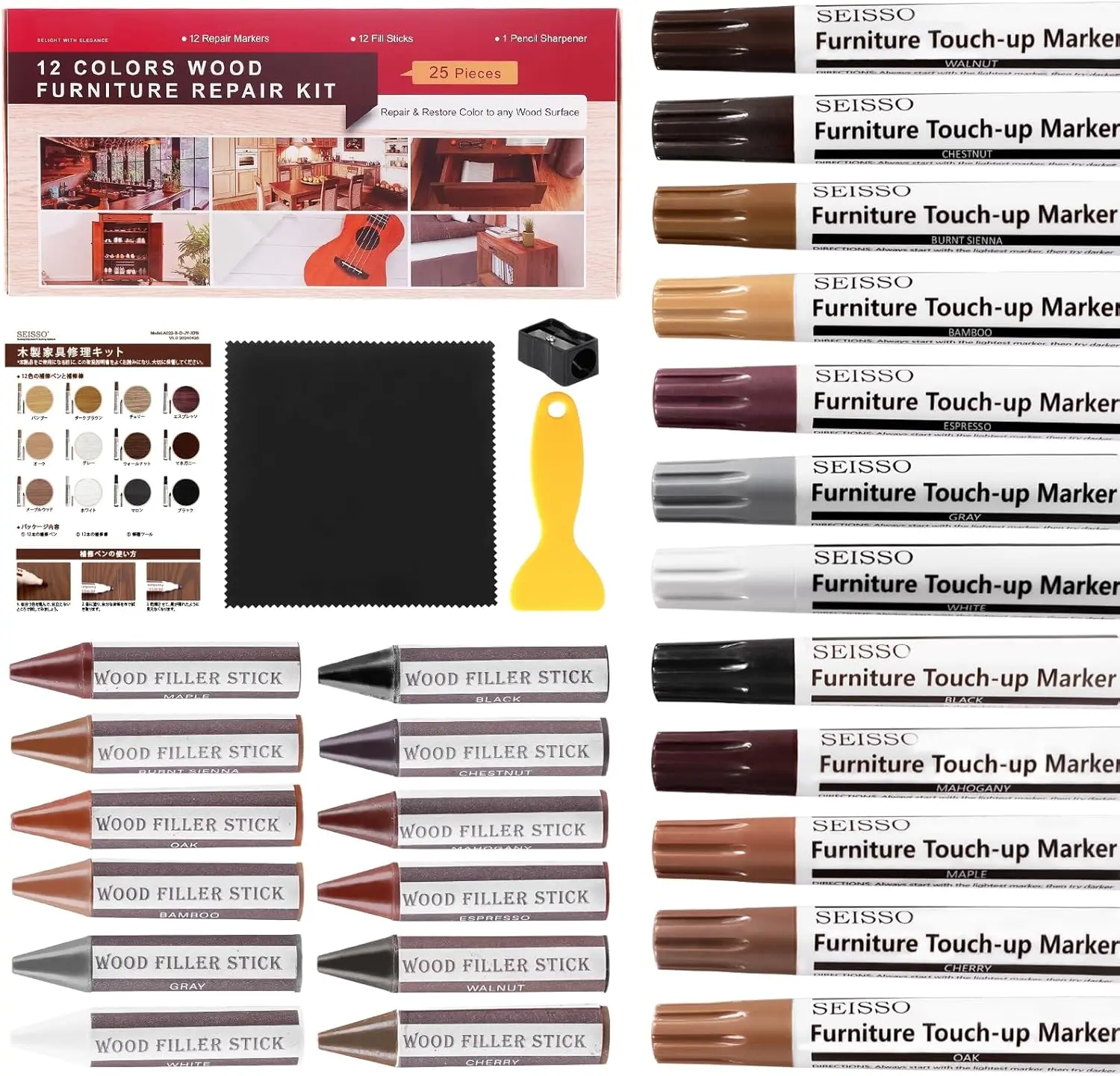 SEISSO Wood Furniture Repair Kit Set of 24, Markers and Wax Sticks with Sharpener and black cloth Kit, Restore Nail Holes on Wood Furniture, Wood Marker Pens for Scratches, Molding Repair